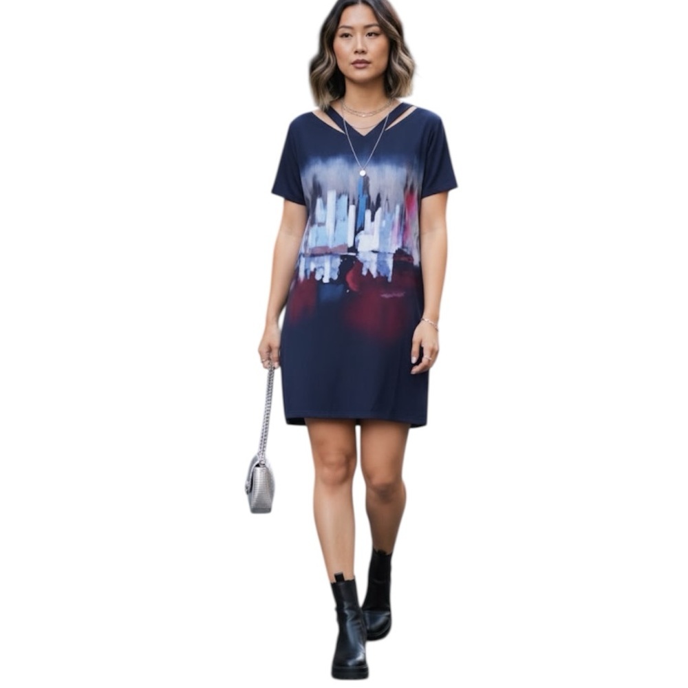 Willow & Thread Skyline Print Sheath Flowy V Sleeved Tunic Dress Lightweight L